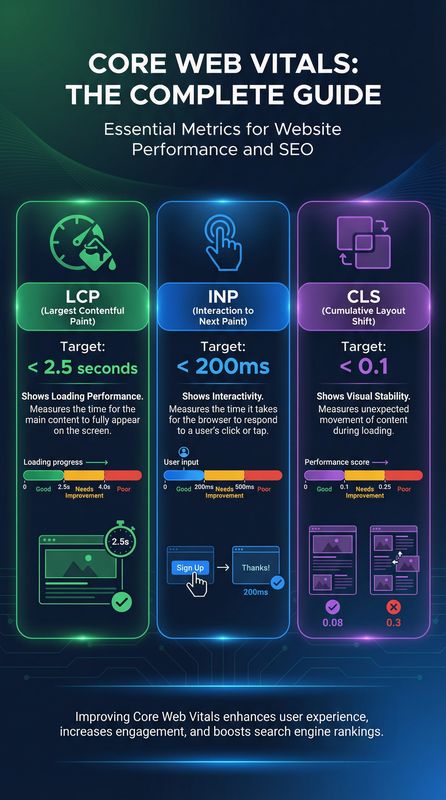 Core Web Vitals metrics infographic showing LCP, FID/INP, and CLS with good, needs improvement, and poor thresholds