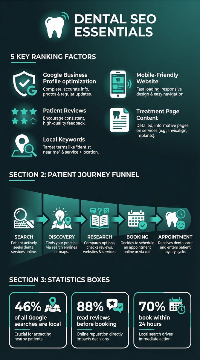 Dental SEO essentials infographic showing 5 key ranking factors, patient journey funnel from search to appointment, and local search statistics
