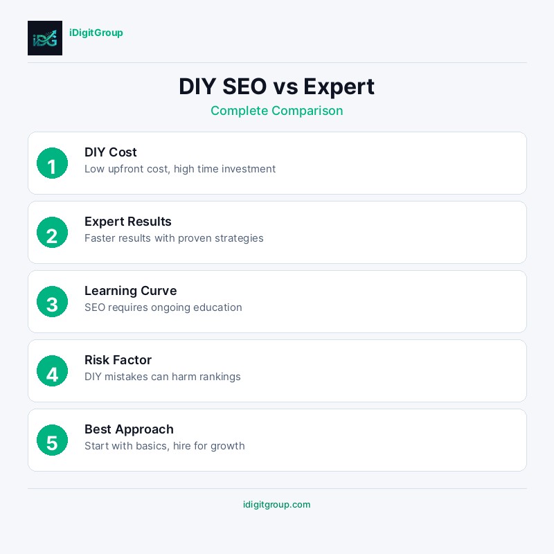 DIY SEO versus expert SEO comparison infographic showing pros, cons, and decision factors for each approach