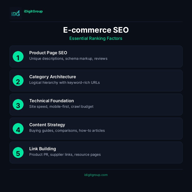 E-commerce SEO infographic with product page optimisation, site architecture, and conversion tips