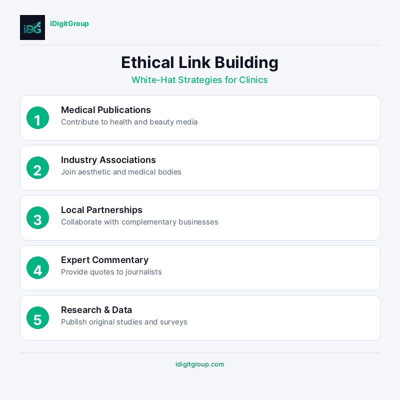 Ethical link building infographic for aesthetic clinics showing guest posting, digital PR, citations, and black hat warnings