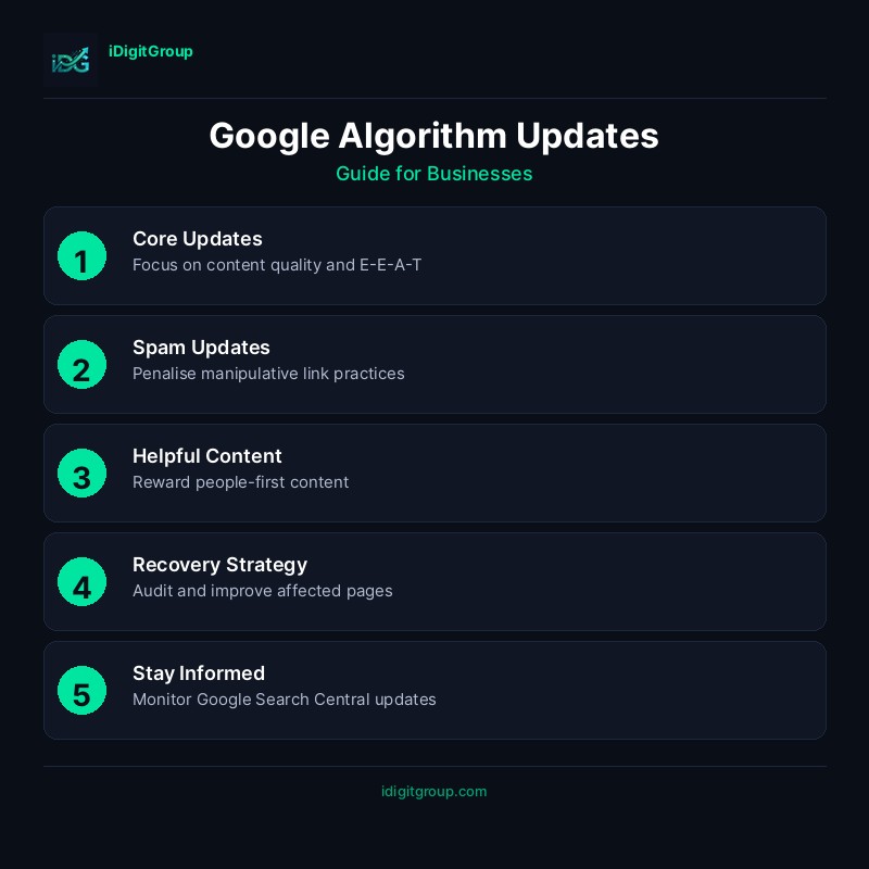 Google algorithm updates infographic showing major update timeline, ranking impact factors, and recovery strategies