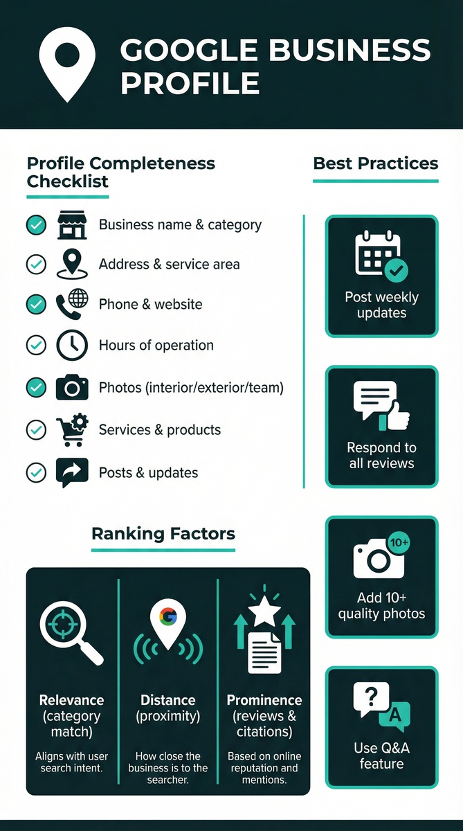 Google Business Profile optimization infographic showing profile completeness checklist, ranking factors pillars, and best practices for local SEO