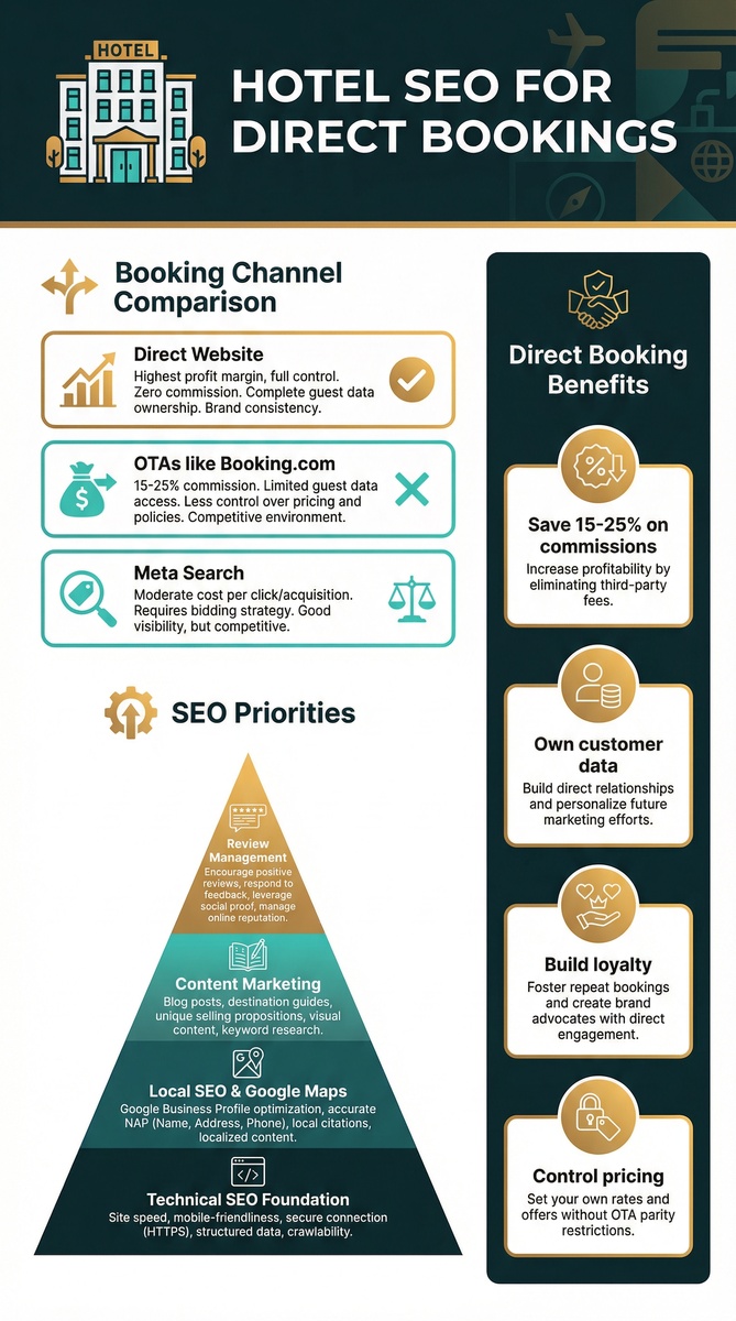 Hotel SEO for direct bookings infographic showing booking channel comparison, SEO priorities pyramid, and direct booking benefits