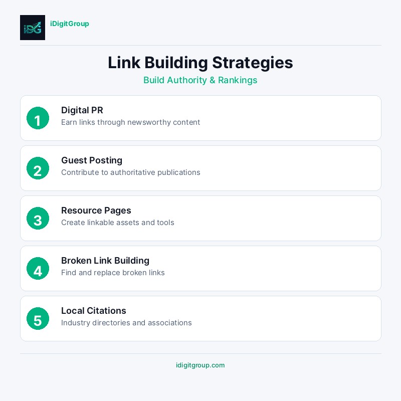Link building strategies guide infographic showing guest posting, digital PR, broken link building, resource outreach, and local citations