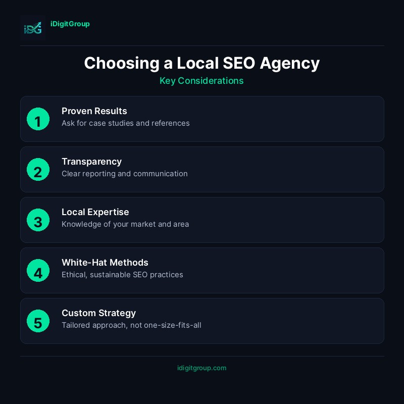 Choosing a local SEO agency infographic showing track record verification, expertise evaluation, transparency, strategy, and red flags