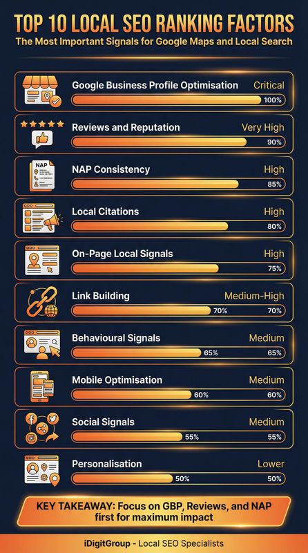 Local SEO ranking factors pyramid infographic showing Google Business Profile, on-page SEO, citations, reviews, link building, and mobile optimization