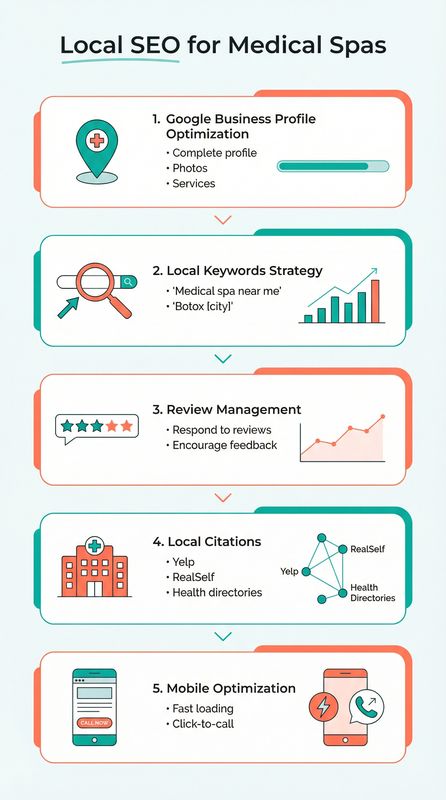 Local SEO strategy for medical spas infographic showing Google Business Profile optimization, local keywords, review management, and conversion funnel