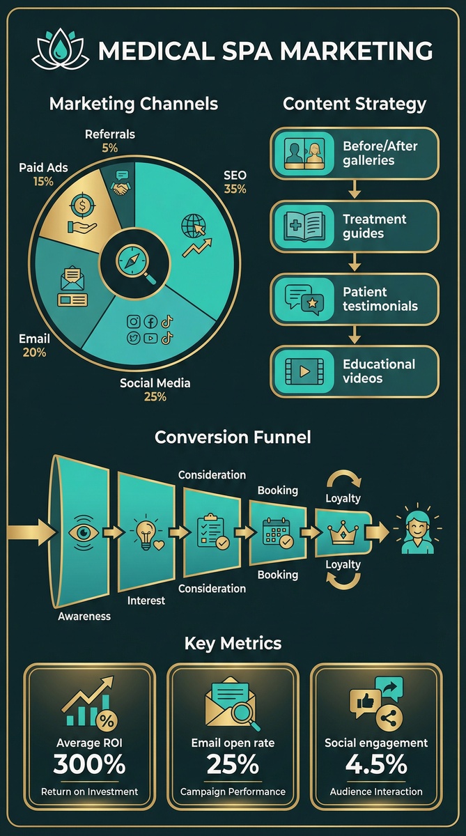 Medical spa marketing strategy infographic showing marketing channels distribution, content strategy, conversion funnel, and key performance metrics