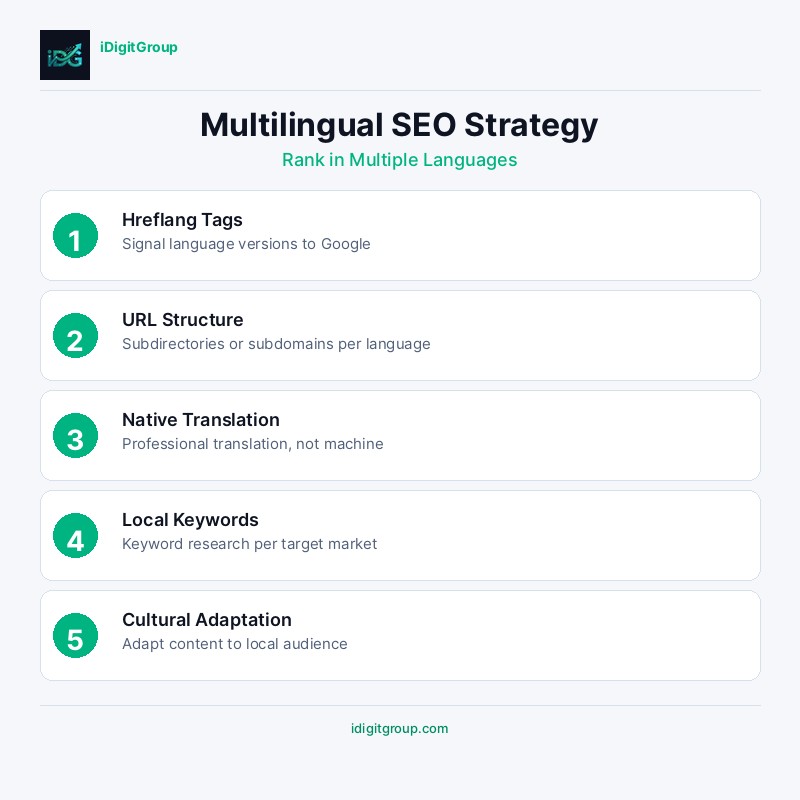 Multilingual SEO strategy infographic showing hreflang implementation, content localisation, international keyword research, and URL structure