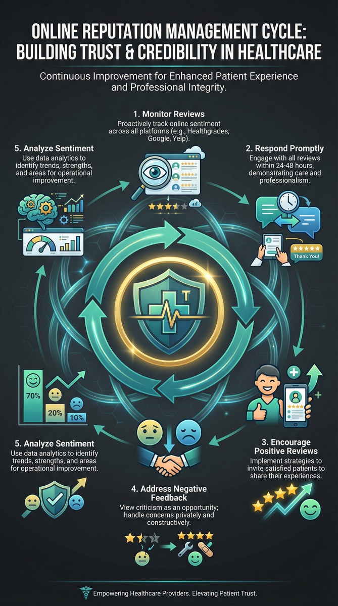 Online reputation management cycle infographic showing monitor reviews, respond promptly, encourage positive reviews, address negative feedback, analyze sentiment