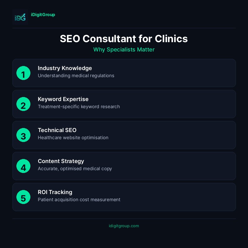SEO consultant infographic for aesthetic clinics showing initial audit, strategy development, on-page optimisation, off-page building, and reporting