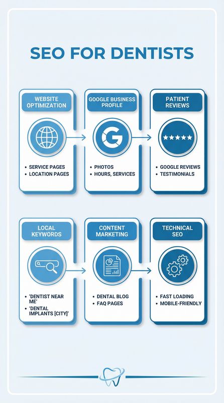 SEO for dentists infographic showing dental practice marketing funnel, local search optimization, patient acquisition strategies, and key ranking factors
