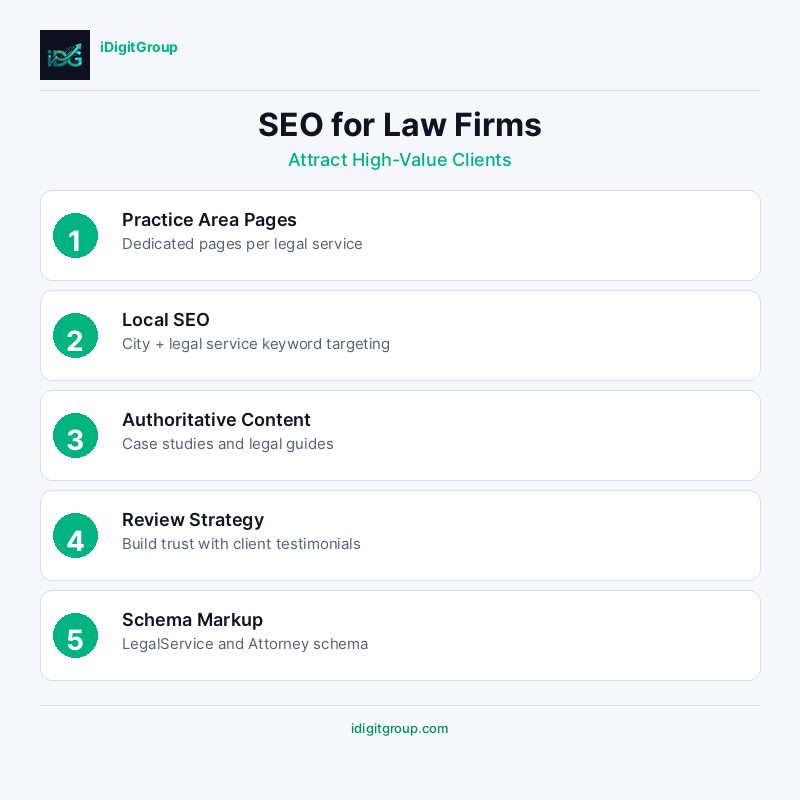 SEO guide infographic for law firms showing local SEO foundations, practice area pages, content marketing, reputation management, and technical SEO