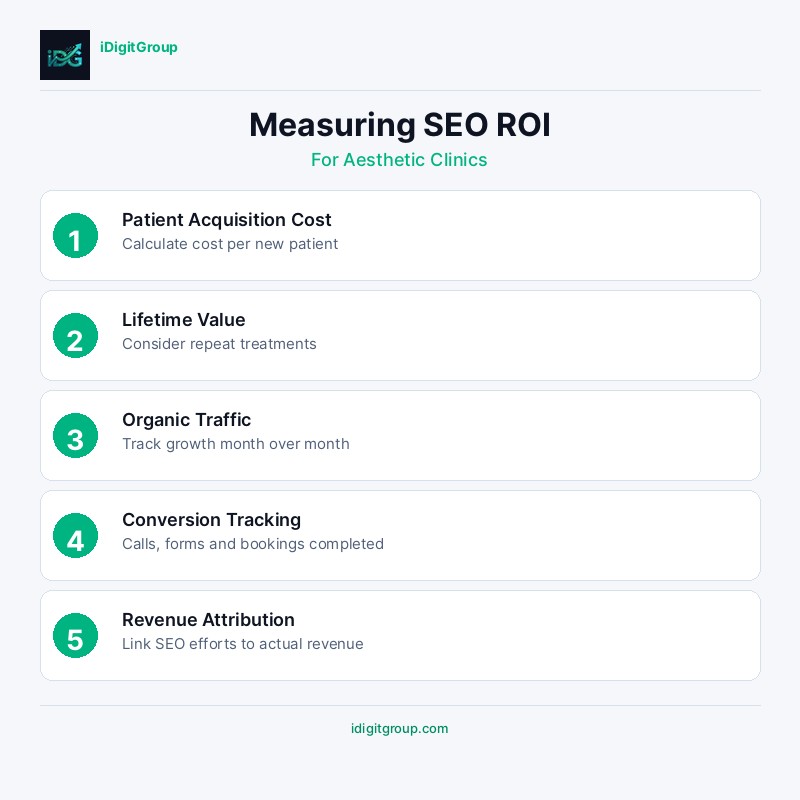 Measuring SEO ROI infographic for aesthetic clinics showing KPI definition, traffic monitoring, conversion measurement, ROI calculation, and reporting
