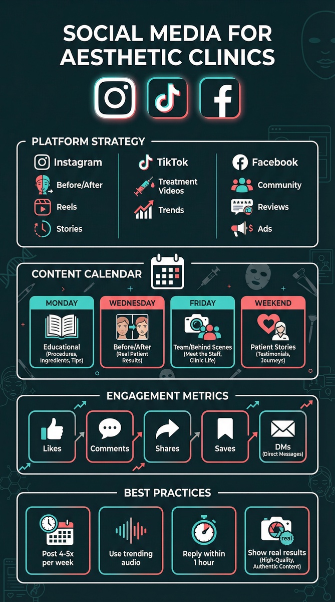 Social media marketing for aesthetic clinics infographic showing platform strategy, content calendar, engagement metrics, and best practices