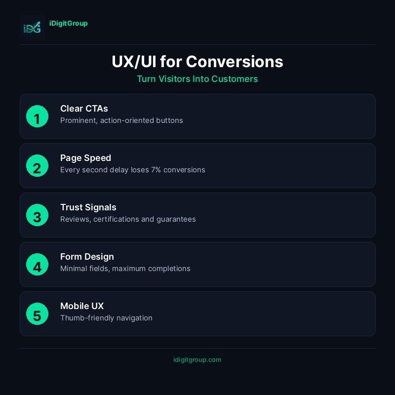 UX/UI conversion optimisation infographic showing user behaviour analysis, navigation simplification, CTA optimisation, A/B testing, and friction reduction