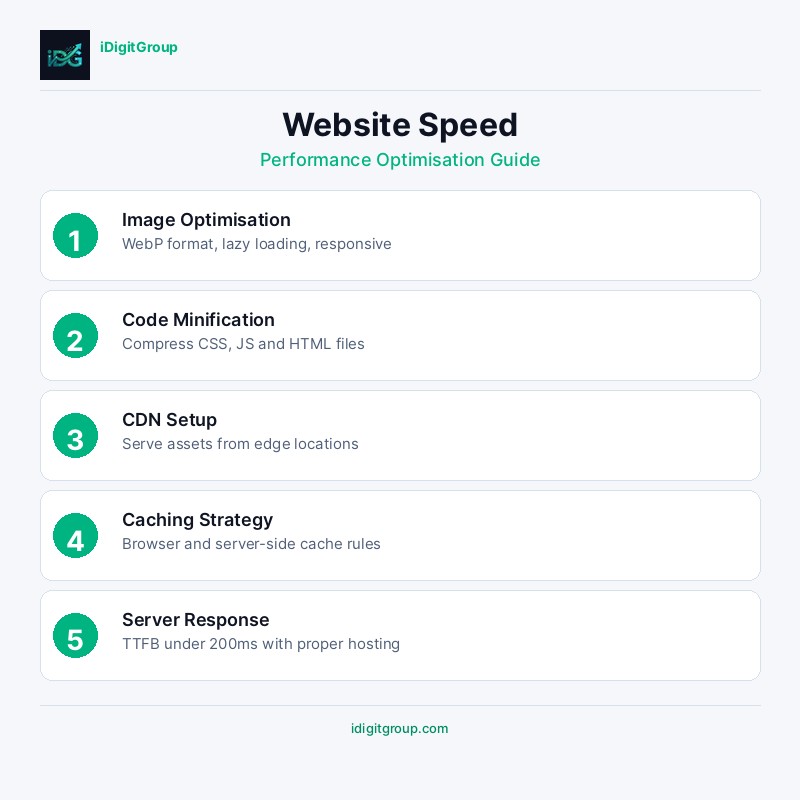 Website speed optimisation infographic showing Core Web Vitals, image optimisation, code minification, caching strategy, and CDN hosting