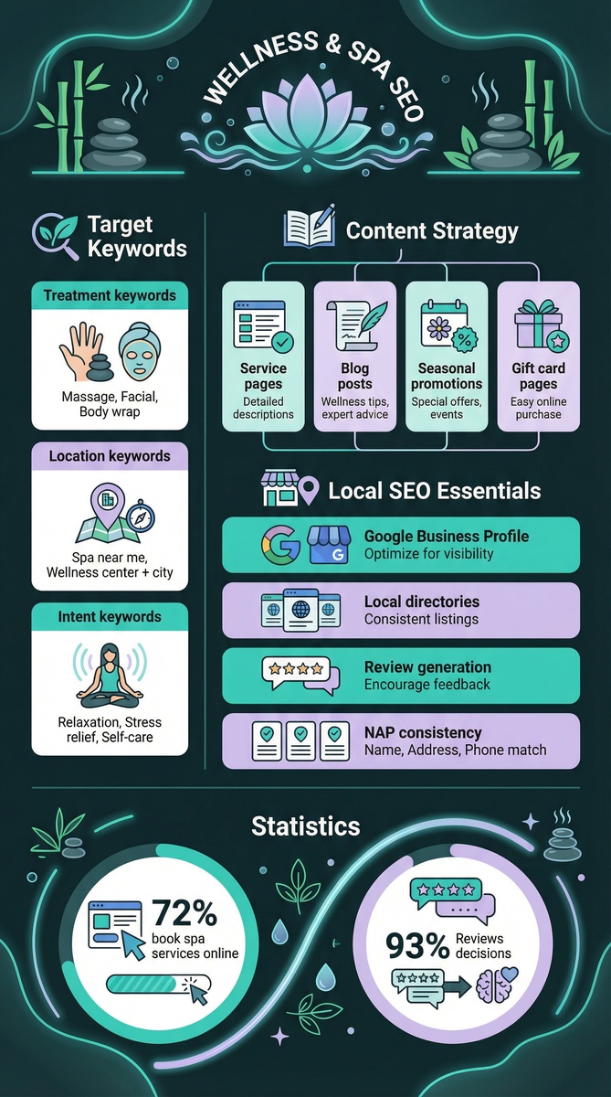 Wellness and spa SEO strategy infographic showing target keywords categories, content strategy, local SEO essentials, and industry statistics