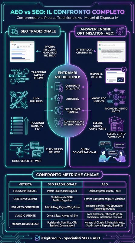 Infografica comparativa AEO vs SEO tradizionale che mostra parole chiave, backlink, meta tag vs query conversazionali, risposte dirette, assistenti AI