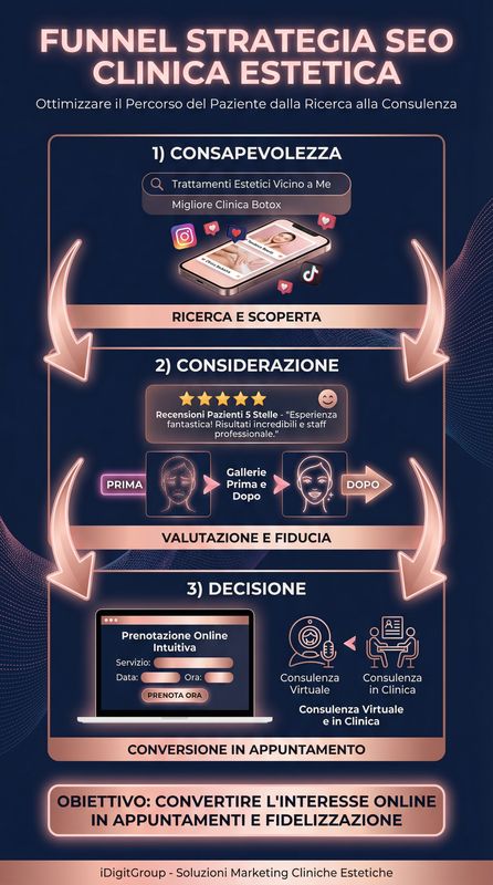 Infografica funnel strategia SEO clinica estetica che mostra percorso paziente da consapevolezza a considerazione a decisione