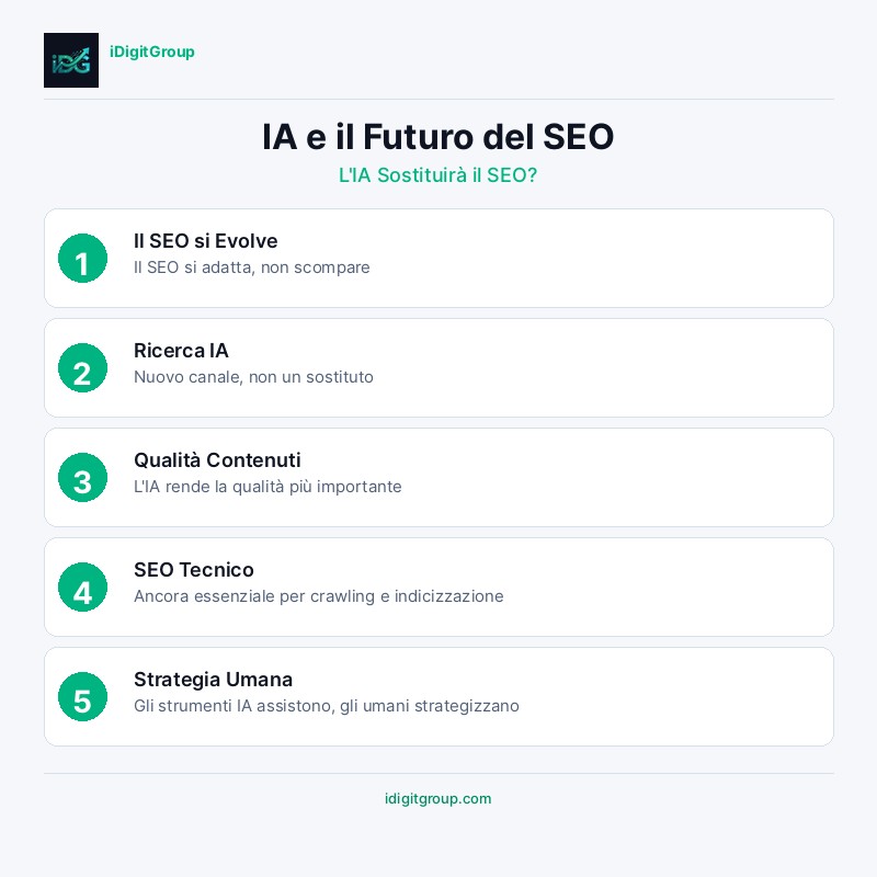 Infografica che esplora se l'IA sostituirà la SEO mostrando evoluzione ricerca, cosa cambia e strategie ibride