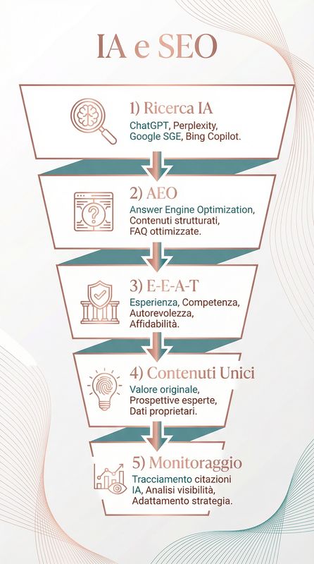 Infografica panorama AI e SEO che mostra come l'AI cambia la ricerca, checklist ottimizzazione contenuti per AI, fattori visibilità AI e statistiche utilizzo