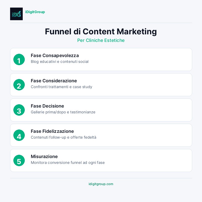 Infografica funnel content marketing per cliniche estetiche che mostra fasi consapevolezza, considerazione, conversione e fidelizzazione
