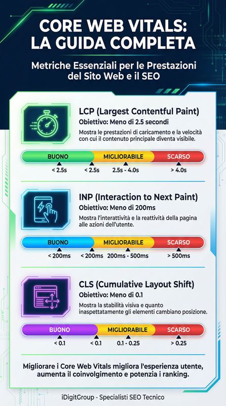 Infografica metriche Core Web Vitals che mostra LCP, FID/INP e CLS con soglie buono, da migliorare e scarso