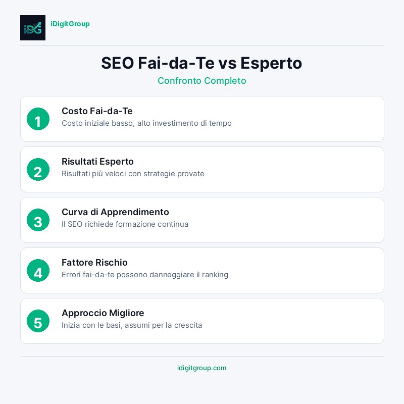 Infografica confronto SEO fai da te vs esperto che mostra pro, contro e fattori decisionali per ogni approccio