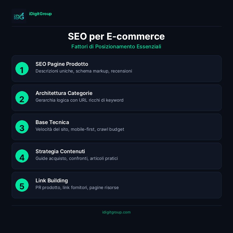 Infografica SEO e-commerce con ottimizzazione pagine prodotto, architettura sito e consigli conversione