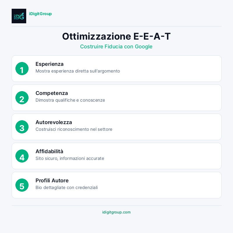 Infografica ottimizzazione E-E-A-T che mostra segnali e strategie di implementazione per Esperienza, Competenza, Autorevolezza e Affidabilità