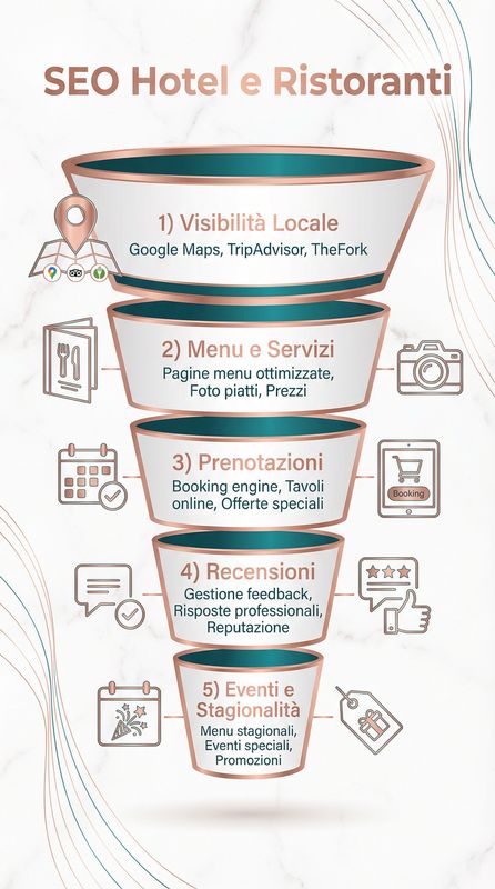 Infografica SEO hotel e ristoranti che mostra canali marketing hospitality, ottimizzazione ricerca locale, gestione recensioni e strategie prenotazioni dirette