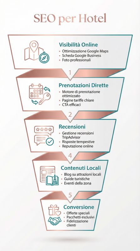 Infografica SEO hotel per prenotazioni dirette che mostra confronto canali prenotazione, piramide priorità SEO e vantaggi prenotazioni dirette
