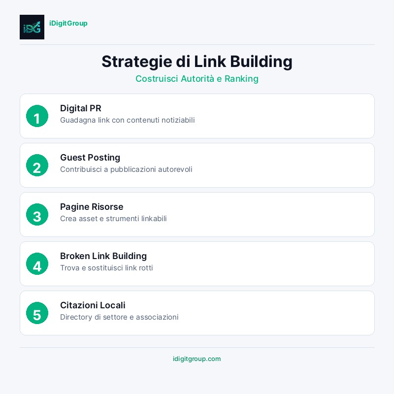 Infografica guida strategie link building che mostra guest posting, digital PR, broken link building, outreach risorse e citazioni locali