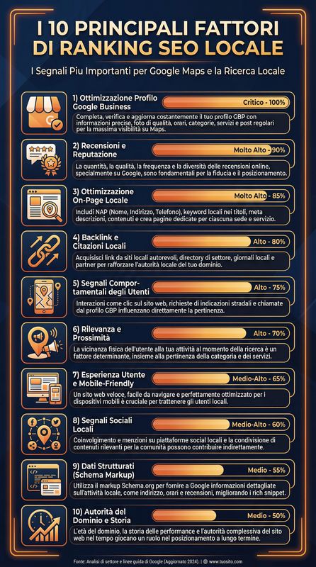 Infografica piramide fattori ranking SEO locale che mostra Profilo Google Business, SEO on-page, citazioni, recensioni, link building e ottimizzazione mobile