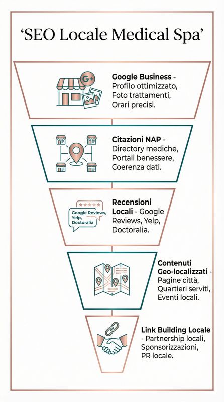 Infografica strategia SEO locale per medical spa che mostra ottimizzazione Profilo Google Business, parole chiave locali, gestione recensioni e funnel conversione