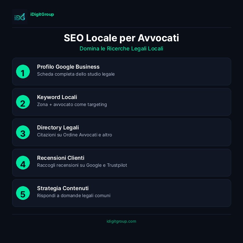 Infografica SEO locale per avvocati che mostra Profilo Google Business, citazioni locali, strategia recensioni, contenuti locali e ottimizzazione Map Pack