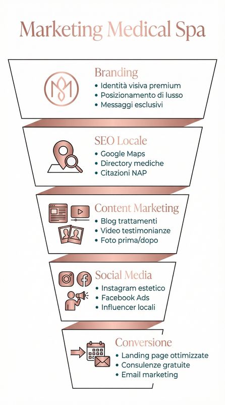 Infografica strategia marketing medical spa che mostra distribuzione canali marketing, strategia contenuti, funnel conversione e metriche chiave di performance