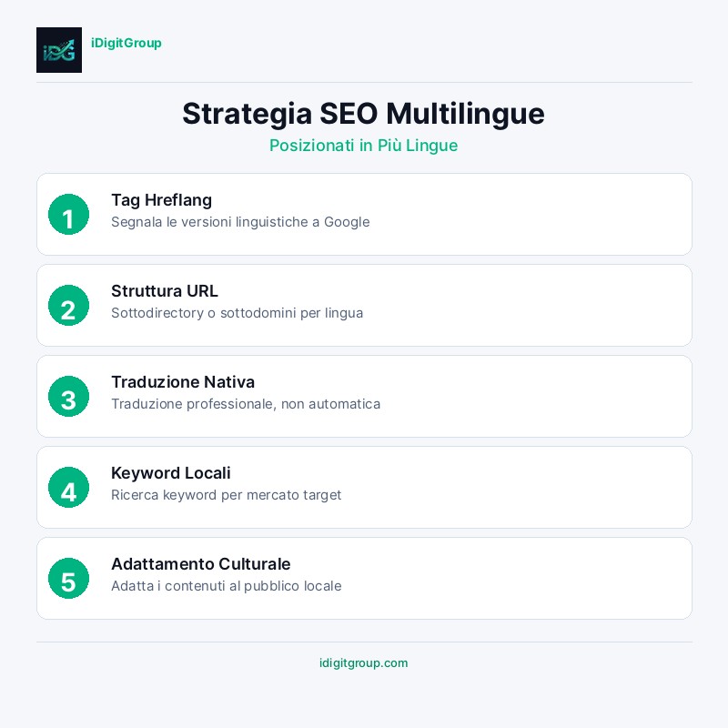 Infografica strategia SEO multilingue che mostra implementazione hreflang, localizzazione contenuti, ricerca keyword internazionale e struttura URL