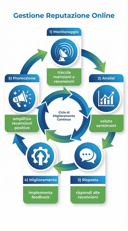 Infografica ciclo gestione reputazione online che mostra monitoraggio recensioni, risposta tempestiva, incoraggiamento recensioni positive, gestione feedback negativo, analisi sentiment