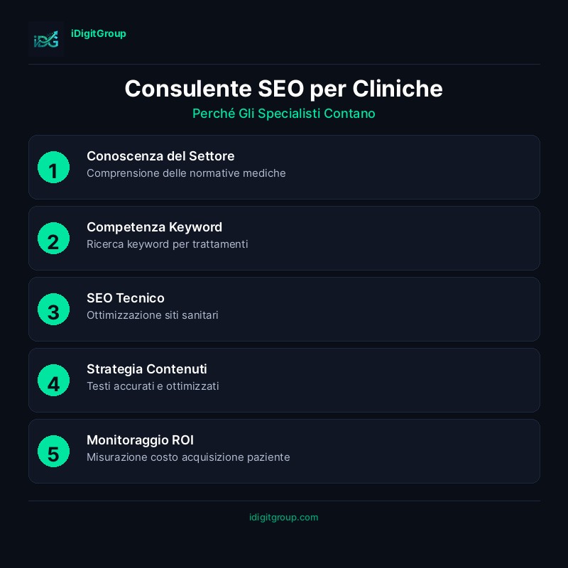 Infografica consulente SEO per cliniche estetiche che mostra audit iniziale, sviluppo strategia, ottimizzazione on-page, costruzione off-page e reporting