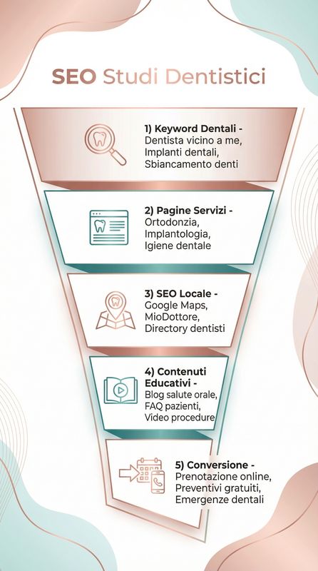 Infografica SEO per dentisti che mostra funnel marketing studio dentistico, ottimizzazione ricerca locale, strategie acquisizione pazienti e fattori chiave di ranking
