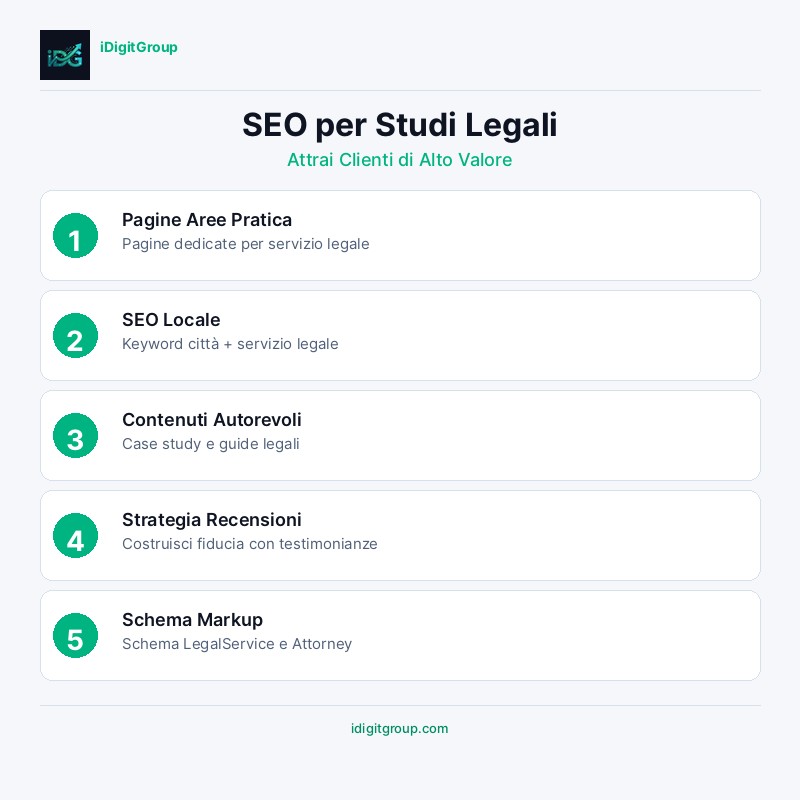 Infografica guida SEO per studi legali che mostra fondamenta SEO locale, pagine aree pratica, content marketing, gestione reputazione e SEO tecnico