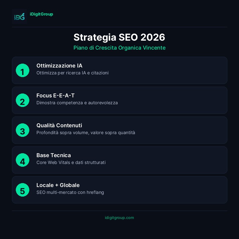 Infografica guida strategia SEO che mostra fondamenta tecniche, strategia contenuti, ottimizzazione on-page, autorità off-page e futuro SEO con AI