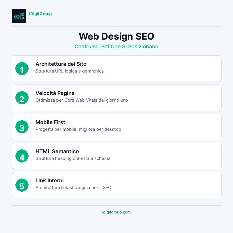 Infografica guida web design SEO che mostra architettura sito, design mobile-first, velocità pagina, elementi SEO on-page e esperienza utente