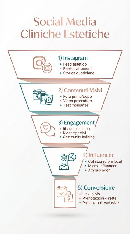 Infografica social media marketing per cliniche estetiche che mostra strategia piattaforme, calendario contenuti, metriche engagement e best practice