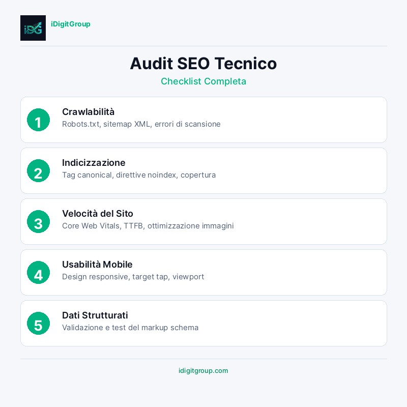 Infografica audit SEO tecnico con controlli scansionabilità, Core Web Vitals e indicizzazione