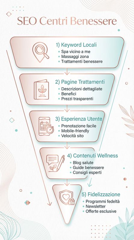 Infografica strategia SEO wellness e spa che mostra categorie parole chiave target, strategia contenuti, elementi essenziali SEO locale e statistiche settore