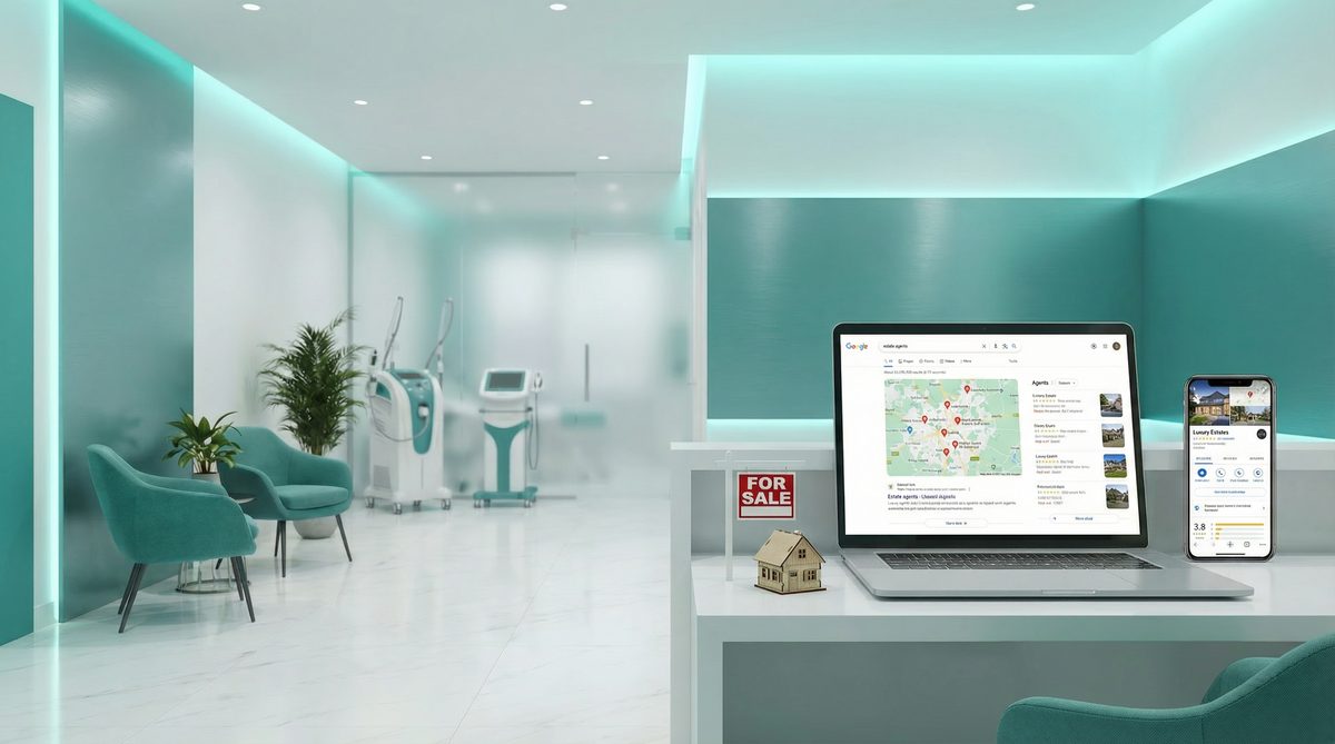 Agente inmobiliario revisando el rendimiento SEO local con rankings de Google Maps, listados de propiedades y páginas de área del vecindario